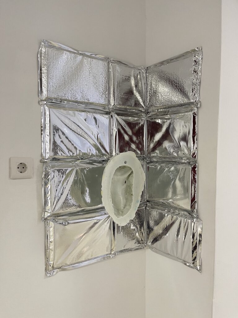 Klinik (tissue block), Francesco in Lido Venezia, 2021, soap, metal, silver foil, polystyrene, variable size instalation 